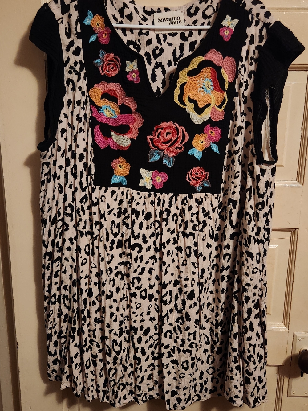 Savanna Jane Black Bodice Floral Embroidered Leopard Print Mini Dress